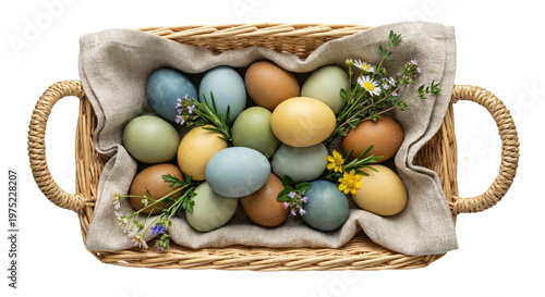 Top view of Easter basket with eggs and flowers isolated on transparent background