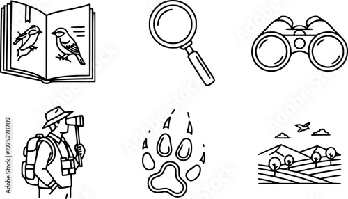 Set of black line art icons for nature observation and zoology, featuring a bird guide, magnifying glass, binoculars, an observer, an animal track, and a landscape scene