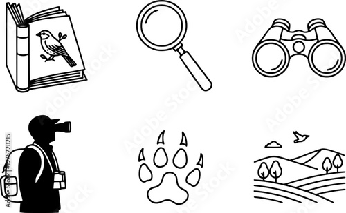 Set of black line art icons for nature observation and zoology, featuring a bird guide, magnifying glass, binoculars, an observer, an animal track, and a landscape scene