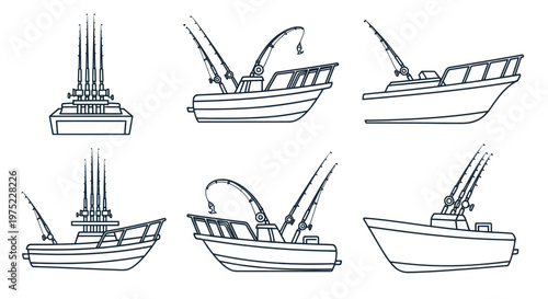 Fishing Boat Set: Various Angles and Views of Sport Fishing Vessels