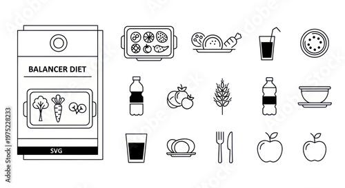 Healthy Balanced Diet Icons - Fruits, Vegetables, Drinks, and Meal Prep