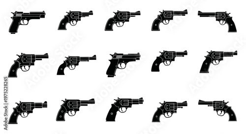Revolver Gun Icons Set, Vintage Pistol Collection, Silhouette Firearms Vector