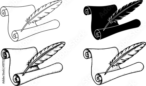 Set of four quill pens on paper scrolls presented in various artistic styles like simple outline, black silhouette, detailed engraving, and halftone dotwork