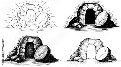 Four empty tomb illustrations in different graphic styles including continuous line, ink brush, engraving, and stippling, symbolizing the resurrection of Christ 