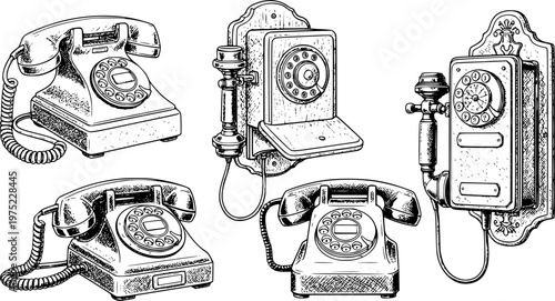 Collection of vintage rotary telephones and antique wall-mounted communication devices in a classic sketch style.
