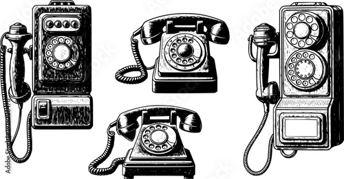 Collection of vintage rotary telephones and antique wall-mounted communication devices in a classic sketch style.
