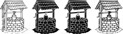 Four vintage water well illustrations in different artistic styles including line art, hatching, and stippling, showcasing a progression of hand-drawn rendering techniques 