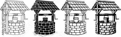 Four vintage water well illustrations in different artistic styles including line art, hatching, and stippling, showcasing a progression of hand-drawn rendering techniques 