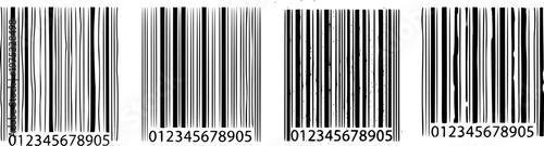 Set of four hand-drawn barcode illustrations with various artistic styles including continuous line, hatched texture, and stippled dots for product identification concepts 