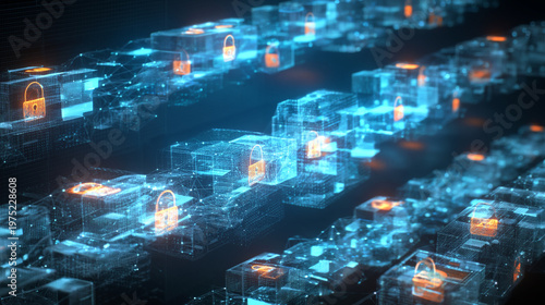 Blockchain security: An abstract representation of a digital blockchain, with its characteristic linked blocks, highlighted with glowing lines and secured by digital locks.