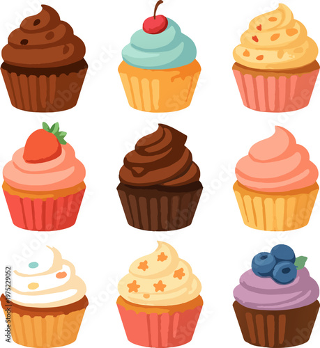 Colorful cartoon cupcakes with frosting and toppings