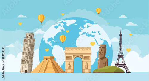 Illustration of famous landmarks from around the world in front of a globe with hot air balloons, against a blue sky with clouds.