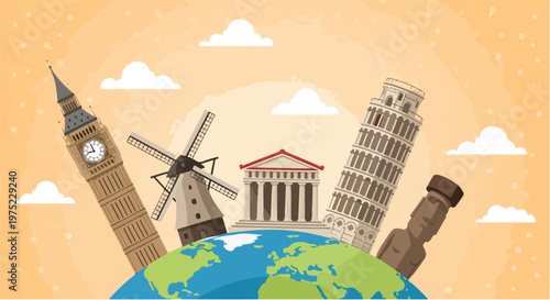 Illustration of famous landmarks from around the world rising from the globe against a sunny orange background with clouds.
