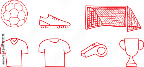 Red soccer theme doodle icons collection featuring a classic ball cleat shoe goal net jersey shirts whistle and sports trophy designed as simple line art illustrations for educational materials sports