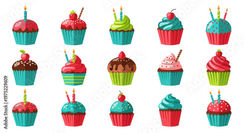 Assorted Colorful Cupcakes with Candles and Toppings, Birthday Party Treats