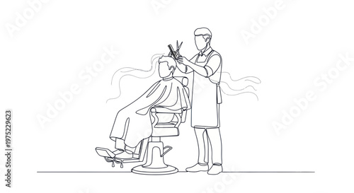 Barber cutting hair with scissors and comb in minimalist line art style