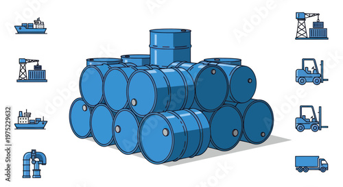Blue Oil Barrels Stacked Shipping Logistics Industry Icons