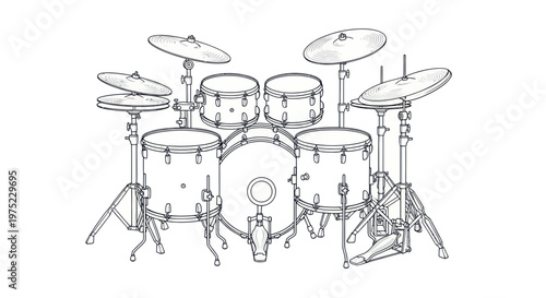 Drum Kit Illustration, Percussion Instrument, Musical Equipment, Black and White Drawing