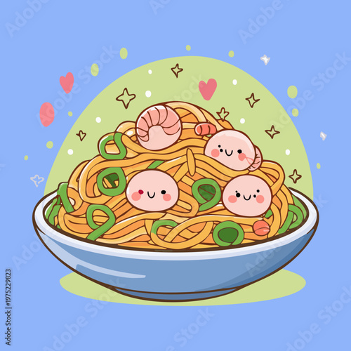 Adorable seafood rice bowl character with shrimp and greens for asian restaurant mascot branding design concept - Vector Illustration