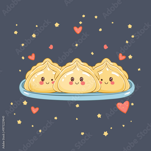 Three cute smiling dumplings on a plate with sparkles in flat kawaii cartoon mascot illustration style - Vector Illustration