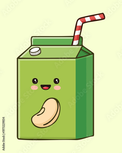 Adorable green soy milk box character with bean and straw smiling happily in flat kawaii style - Vector Illustration
