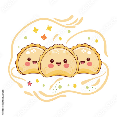 Adorable dumpling characters on a plate with happy faces for asian restaurant mascot branding design concept - Vector Illustration