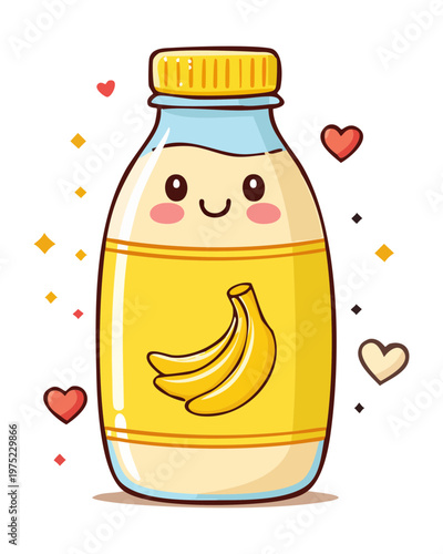Kawaii banana milk bottle character with happy expression and fruit illustration for dairy brand mascot design - Vector Illustration