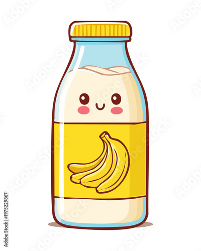 Cute yellow banana milk bottle character with smiling face for dairy product mascot branding design concept - Vector Illustration