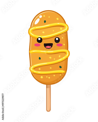 Cute corn dog on a stick character with mustard and happy face in flat kawaii style - Vector Illustration