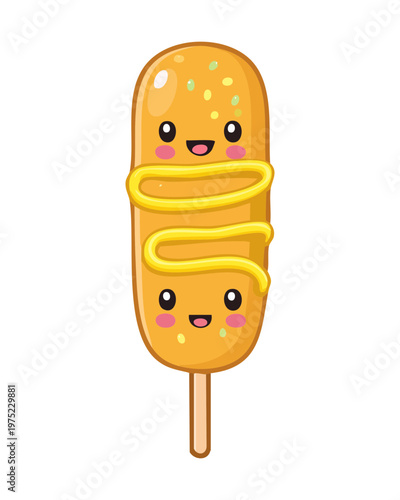 Smiling corn dog on a stick character with mustard and cute face in flat kawaii style - Vector Illustration
