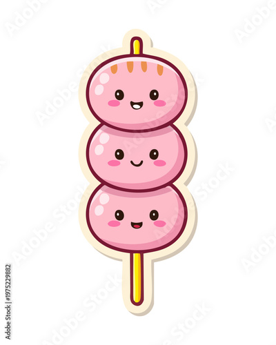 Three cute pink dango mochi balls on a skewer with smiling faces in flat kawaii style - Vector Illustration