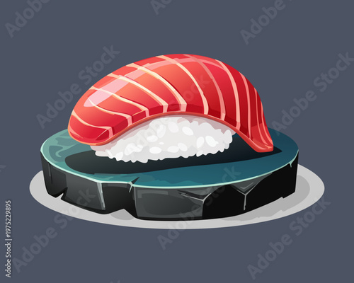 Premium salmon sushi nigiri on a dark slate plate for japanese restaurant menu design concept - Vector Illustration