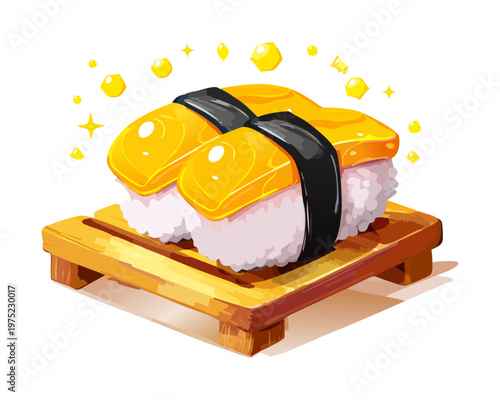 Pair of fresh tamago sushi nigiri on a wooden board for japanese restaurant menu design - Vector Illustration