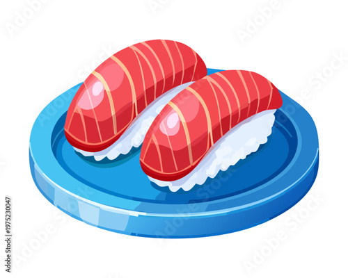 Two pieces of fresh tuna nigiri sushi on a blue plate in flat colorful illustration - Vector Illustration