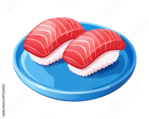 Two delicious tuna nigiri sushi pieces on a blue plate in flat graphic illustration style - Vector Illustration