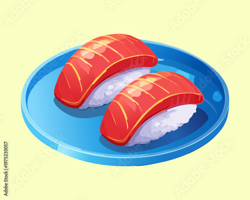 Pair of fresh tuna sushi nigiri on a blue plate for japanese restaurant menu design - Vector Illustration