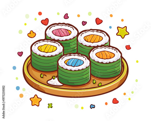 Smiling sushi maki roll characters with cute faces and sparkles in flat kawaii cartoon style - Vector Illustration
