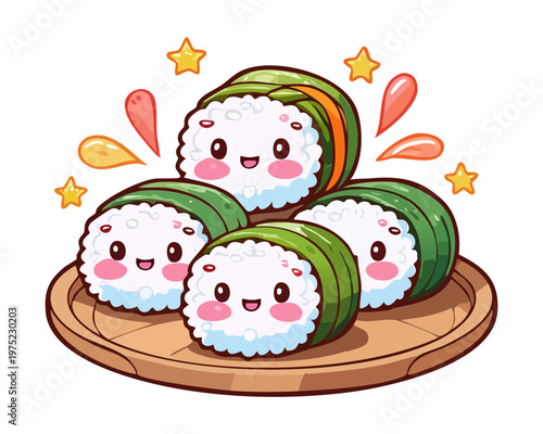 Kawaii sushi maki roll characters on a plate with happy expressions for restaurant branding design - Vector Illustration