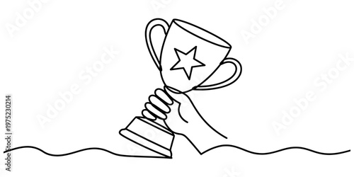 A single continuous line drawing of a hand holding a trophy cup with a star on the front surface