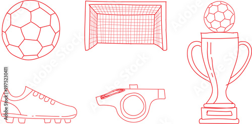 A meticulously crafted set of essential football and soccer game equipment elements rendered as crisp, modern red outline vector icons on a pristine white canvas, offering versatile design assets for 