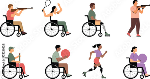 Set of Diverse Para-Athletes and People with Disabilities Practicing Sports Including Wheelchair Tennis Basketball and Shooting Flat Vector Illustration