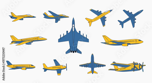 Fotografija Collection of Blue and Yellow Airplanes - Various Models and Views