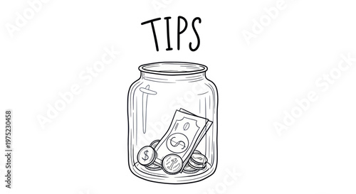 Hand-drawn illustration of a jar filled with coins and a banknote, labeled "TIPS".