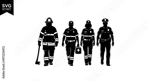 Silhouette of emergency service professionals including firefighter, paramedics, and police officers