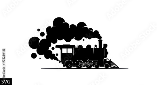 Vintage Steam Train Silhouette Emitting Smoke, Retro Locomotive Vector Art