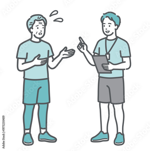 困り顔で男性トレーナーに相談をするシニア男性のイラスト