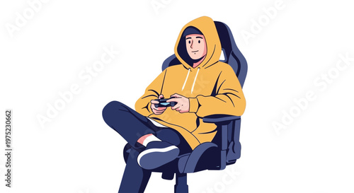 Young man in a yellow hoodie playing video games while sitting in a gaming chair.
