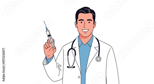 Smiling male doctor in white coat holding a medical syringe.