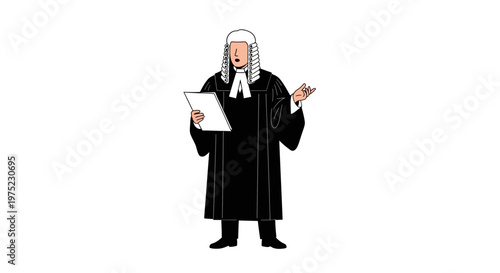Illustration of a judge in traditional robes and wig speaking in court