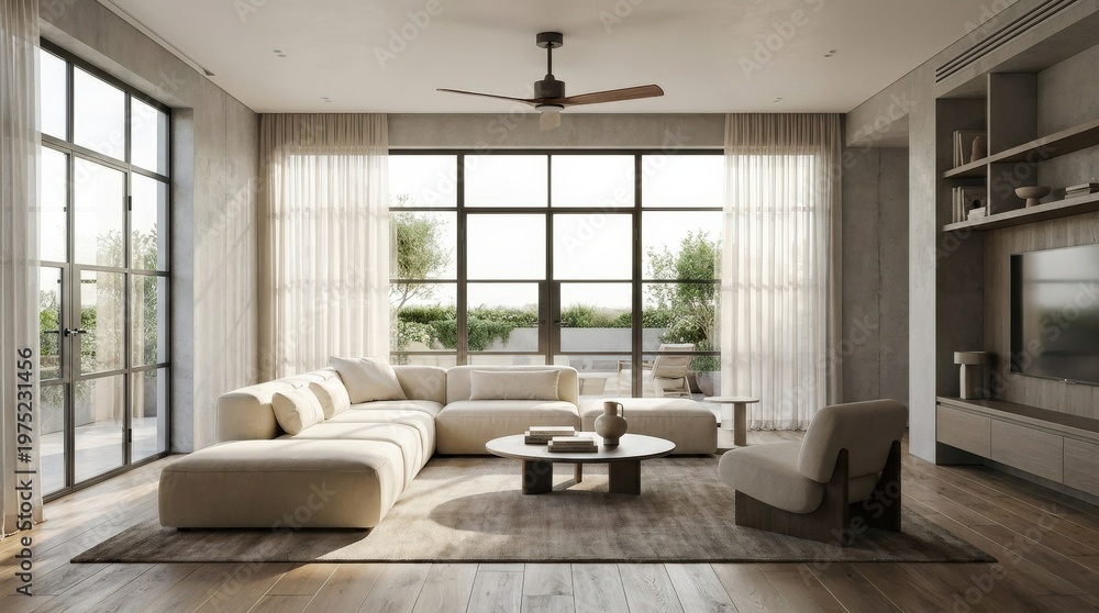 Fototapeta premium serene luxury living room interior mockup, a contemporary couch beneath a sleek modern ceiling fan, soft daylight filtering through large windows, uncluttered styling and domestic comfort,